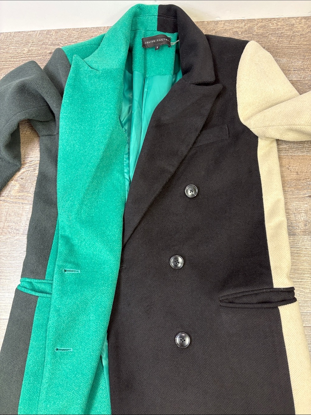 English Factory Colorblock Wool Blend Long Coat Green Black Cream S - Picture 8 of 15